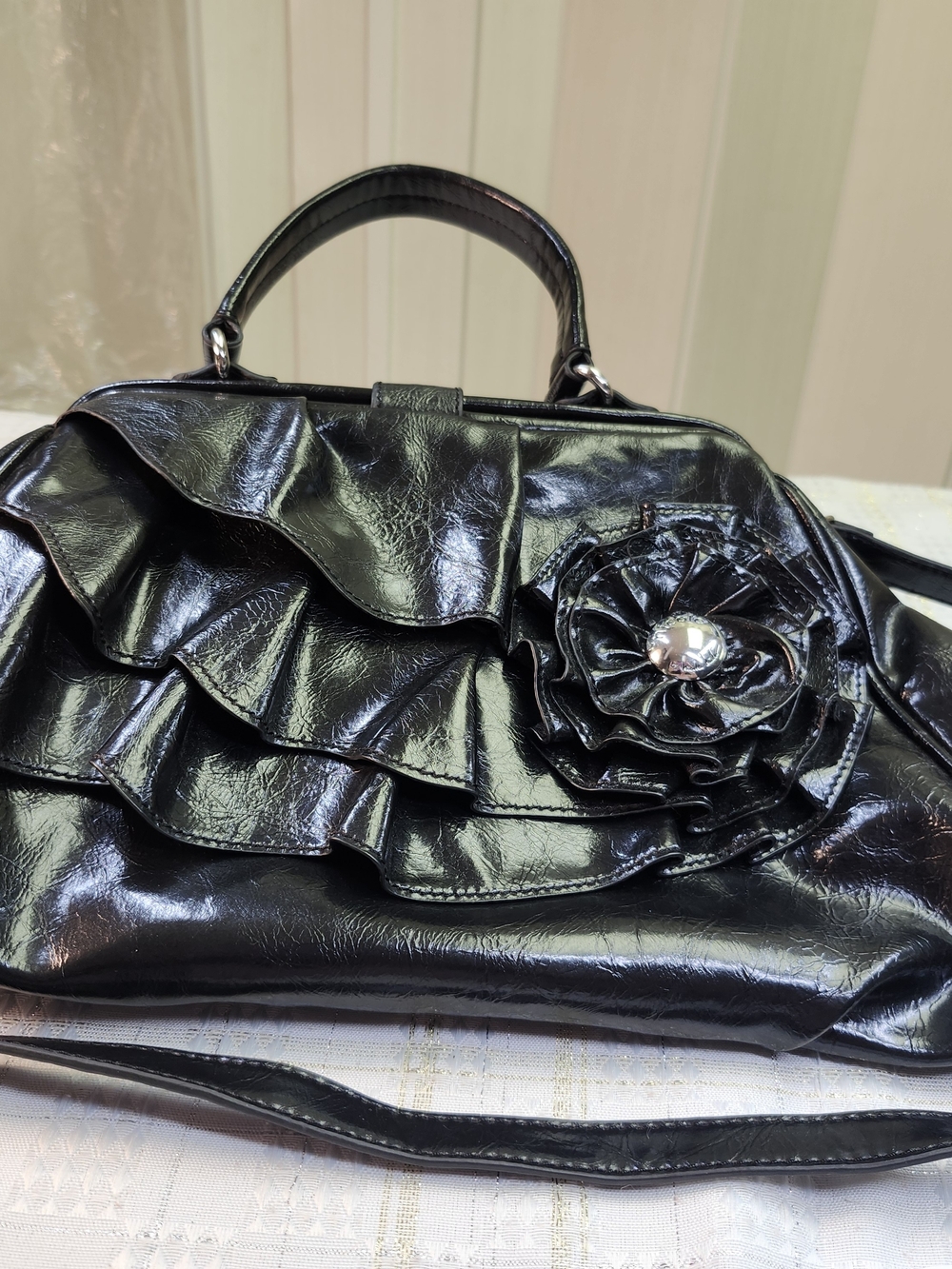 Nicole by Nicole Miller Black Patent Ruffle Flower Satchel